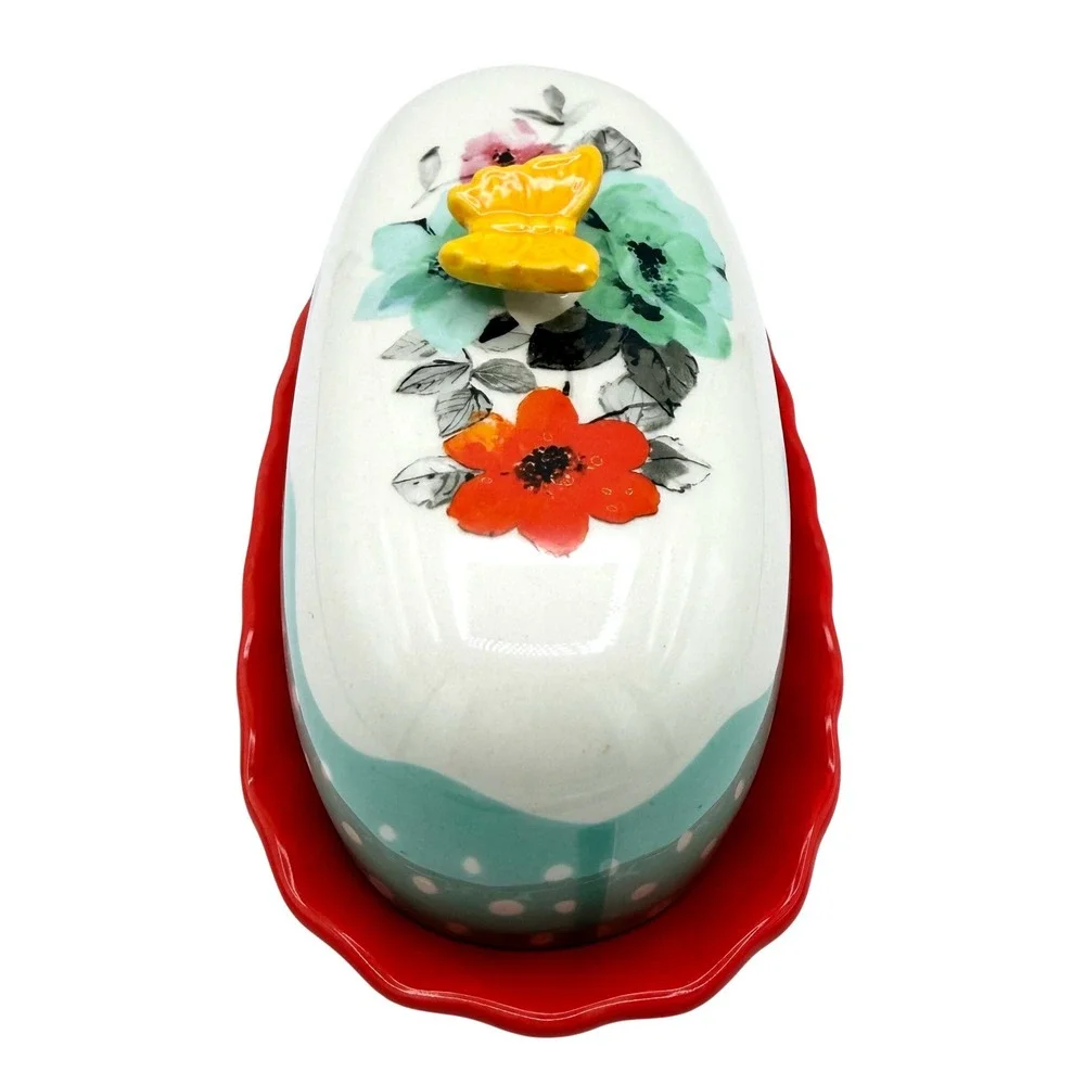 The Pioneer Woman Flea Market Floral Butter Dish Butterfly Red Turquoise 6.5